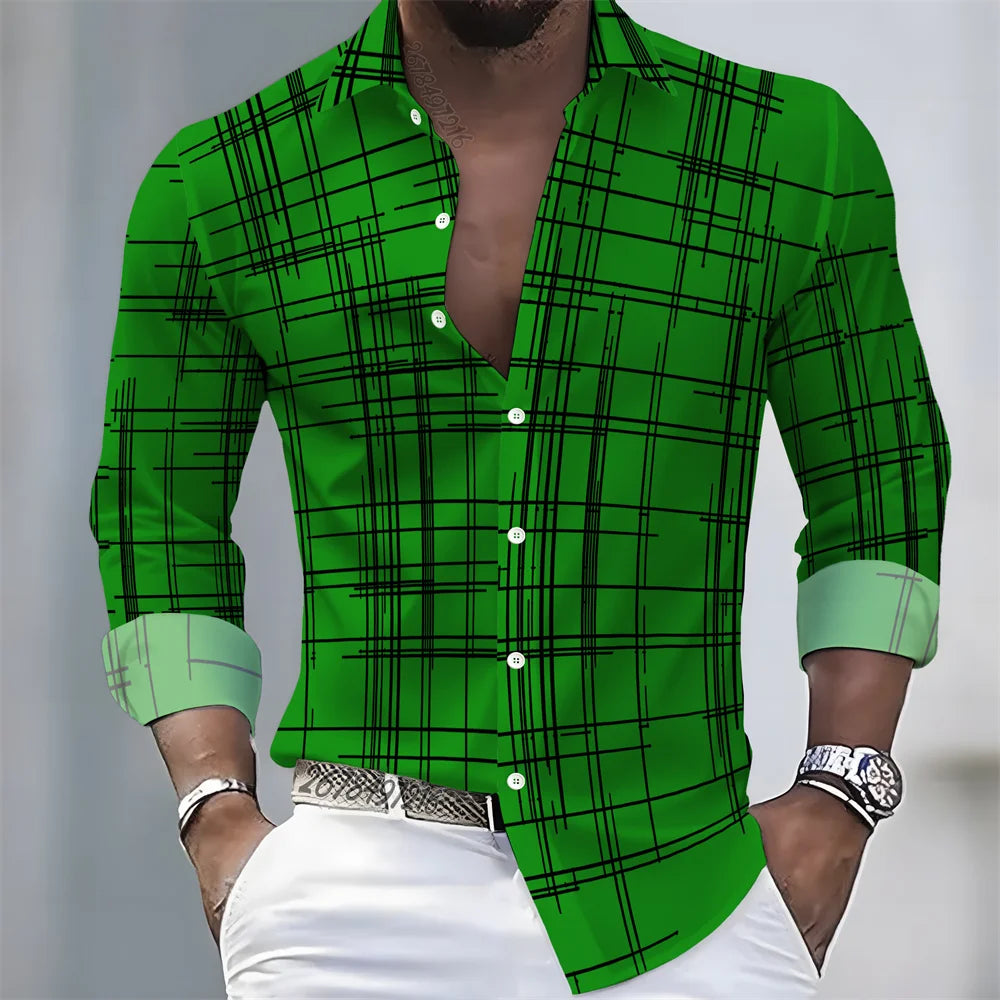 Men's long-sleeved striped shirt in 21 spring/autumn colors, casual loose fit, European and American style from Showlu Fashion.