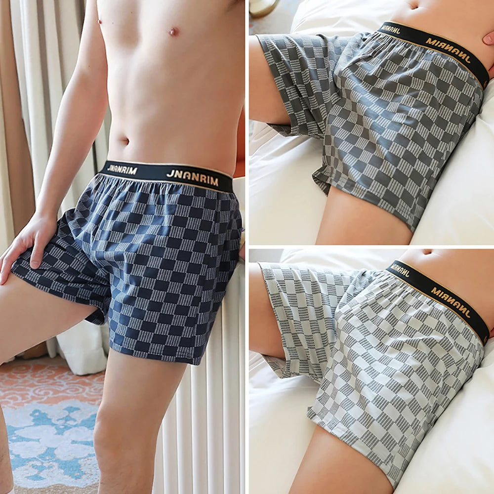 Men's cotton plaid boxer shorts by Showlu, 3-pack, loose fit, breathable underwear with comfortable plaid design.