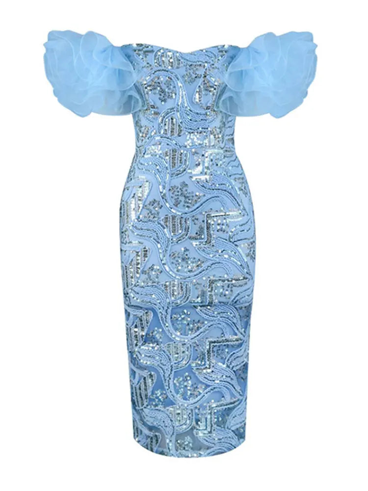 My Store Nittonic off-shoulder sequin evening gown with floral embroidery, midi length, elegant formal dress with intricate detailing.