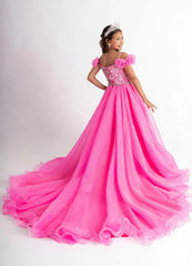 Snvdzo Off Shoulder 3D Flower Sleeve Pageant Dress Crystal Beaded Bodice Flower Girl Dress For Wedding Pageant Birthday Party