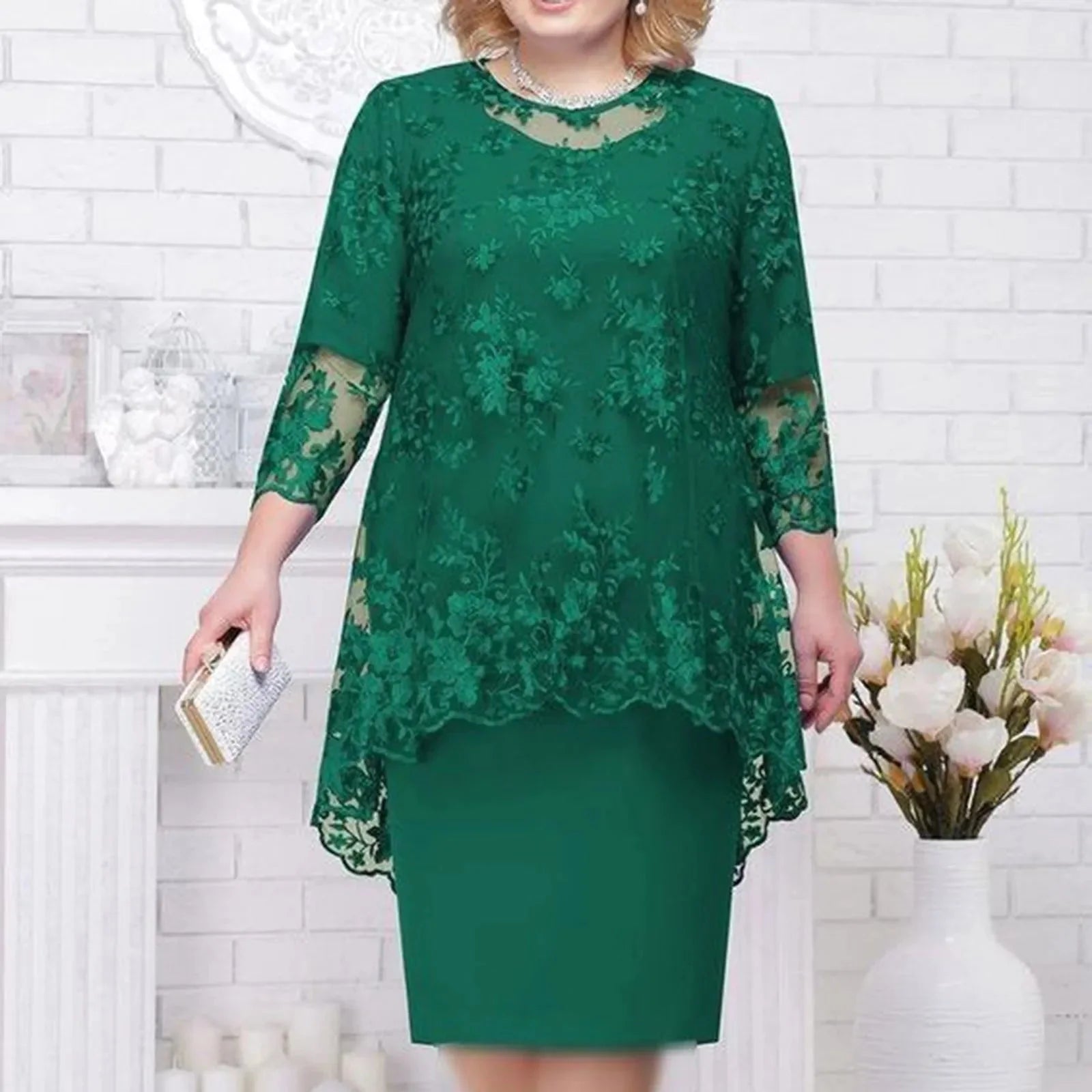 Elegant knee-length women’s lace embroidery evening dress in A-line style, featuring intricate lace details and a flattering fit.