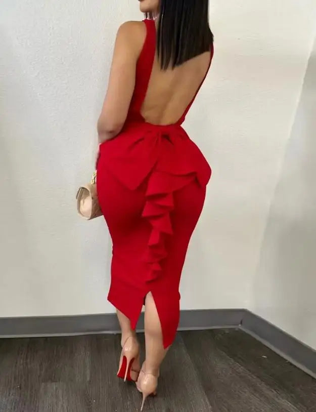 SHOWLU Women's sexy plunge ruffle hem backless party dress, mid-calf length, elegant and stylish for evening events