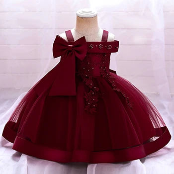 Baby girl princess dress by Showlu Fashion with big bow, perfect for weddings, birthdays, or Christmas celebrations.