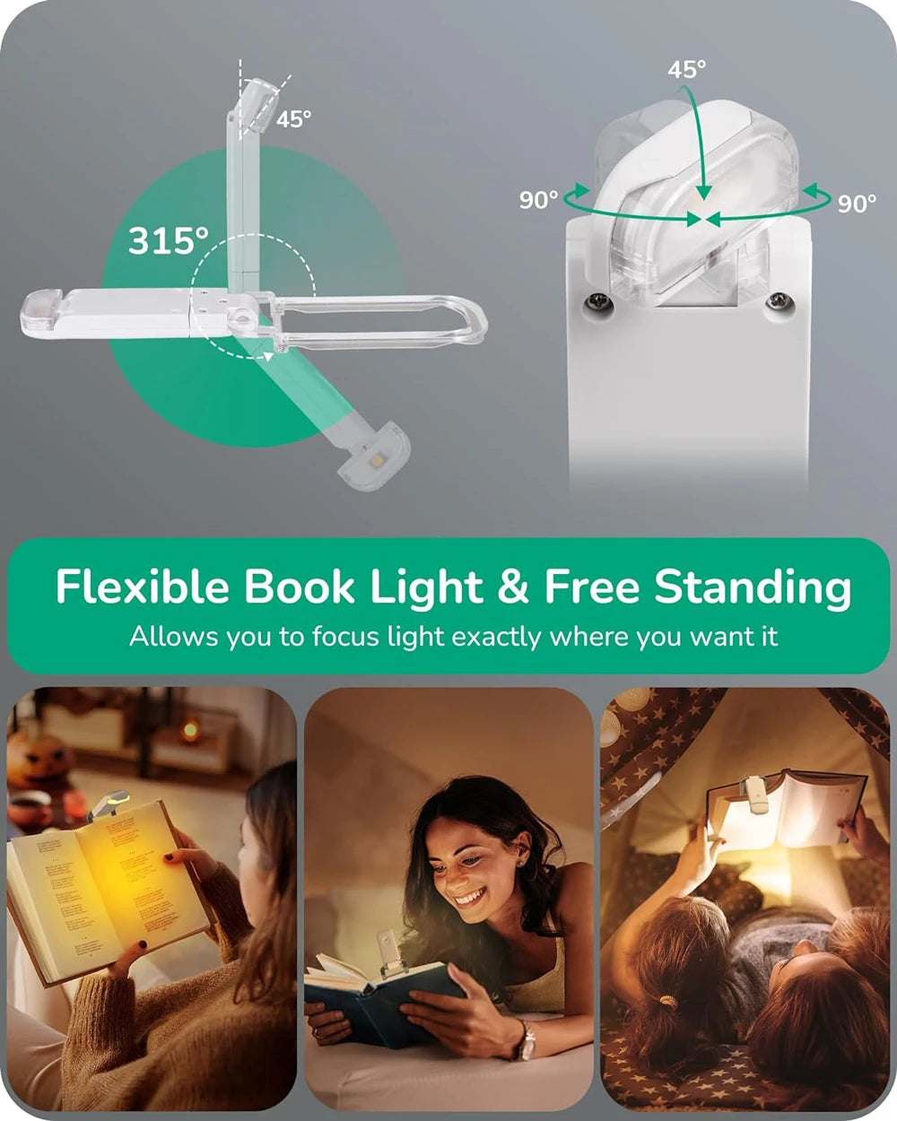 Showlu Smart General USB rechargeable amber book light with flexible arm and compact design, ideal for reading in low light.
