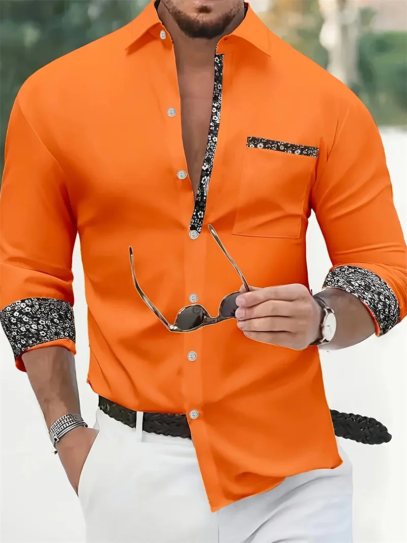 Showlu Men's silk and bamboo fiber printed casual long sleeve shirt with a stylish pattern and relaxed fit.