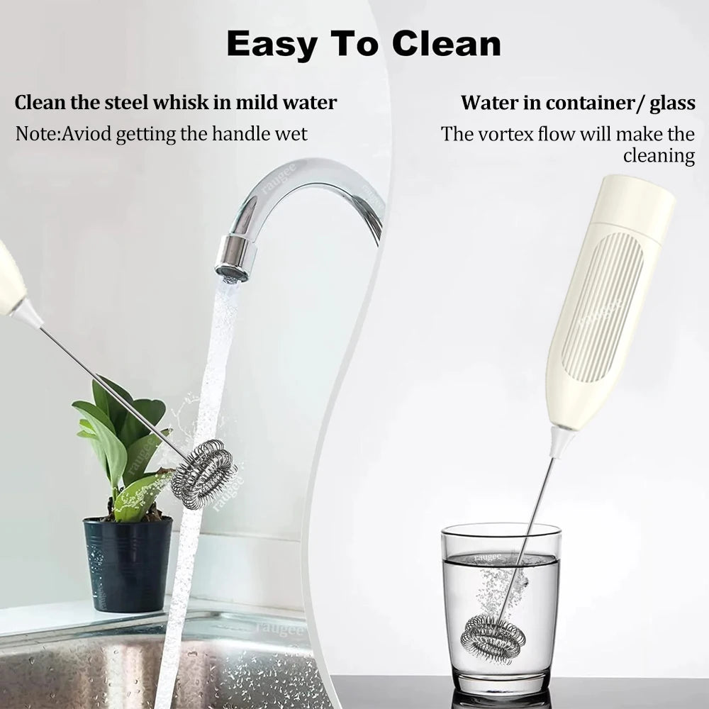 Showlu Smart General bcomfy Handheld Electric Milk Frother with stainless steel frothing whisk and ergonomic handle.