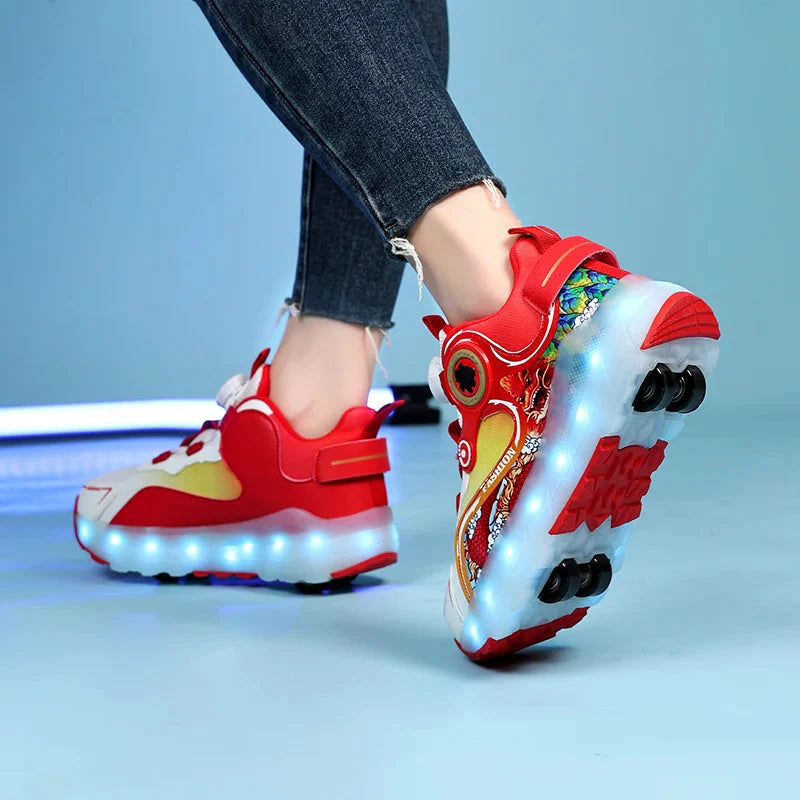 Showlu Kids luminous LED roller skate shoes with USB charging, featuring bright light-up soles and sporty design for children.