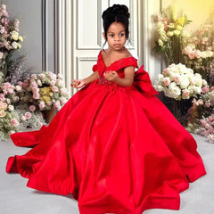 Red Flower Girl Dresses For Wedding Satin Beaded With Bow Floor Length Kids Birthday Party First Communion Ball Gown Customized