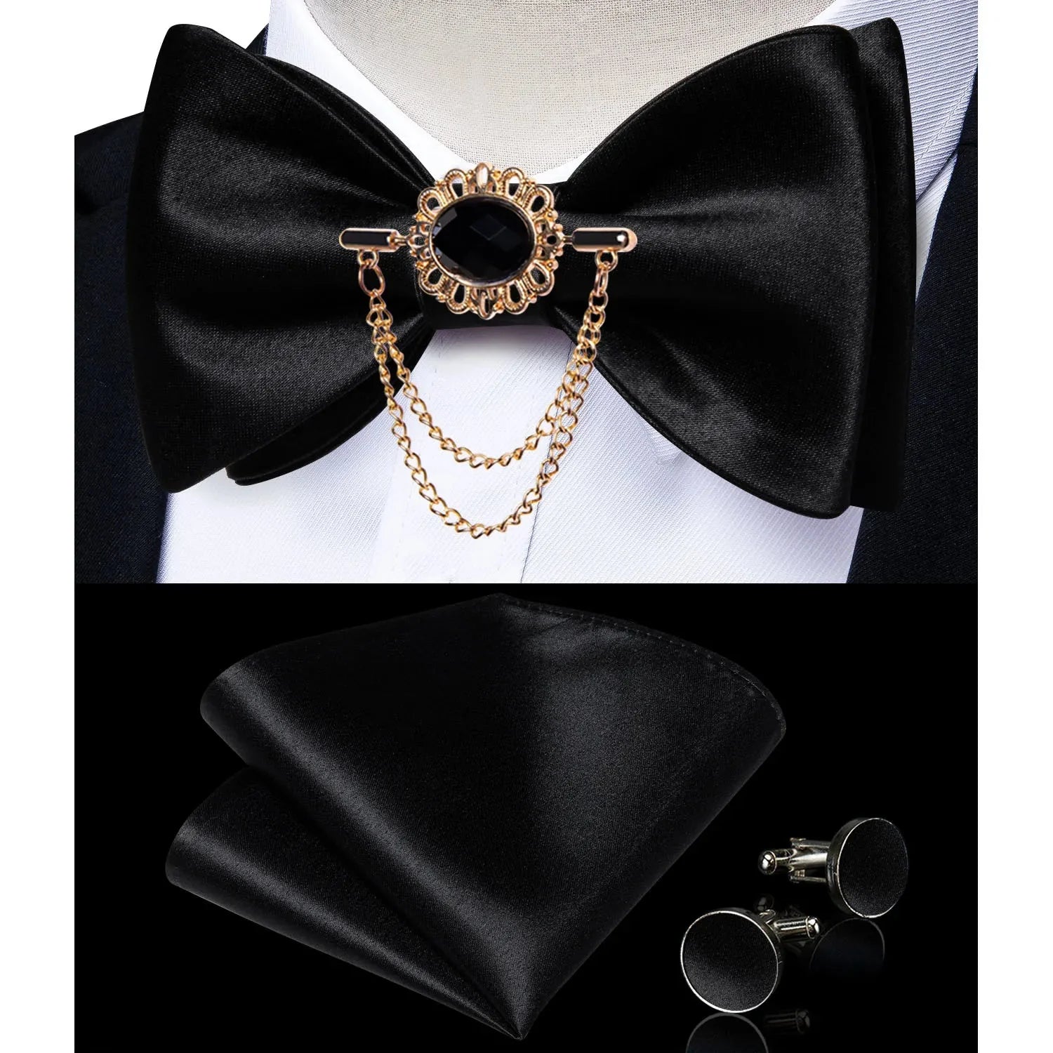 Pink plaid silk self-tie bow tie set by SHOWLU FASHION STORE, includes brooch and matching hanky, stylish and elegant accessory.