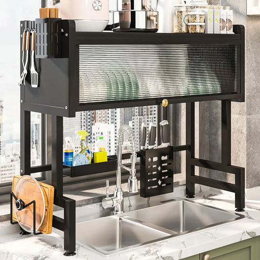 Kitchen Drain Shelf 3-Tier Multi-Functional Kitchen Storage Rack Kitchen Sink Organizer Large Over The Sink Dish Rack with Cover