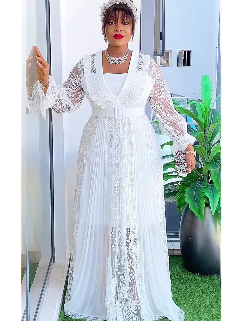 Plus size Ankara lace African maxi dress for women by SHOWLU FASHION, featuring vibrant fabric and elegant party style.