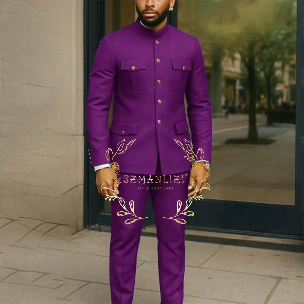 White stand collar men's business suit with single-breasted blazer and matching pants, ideal for formal occasions and weddings.