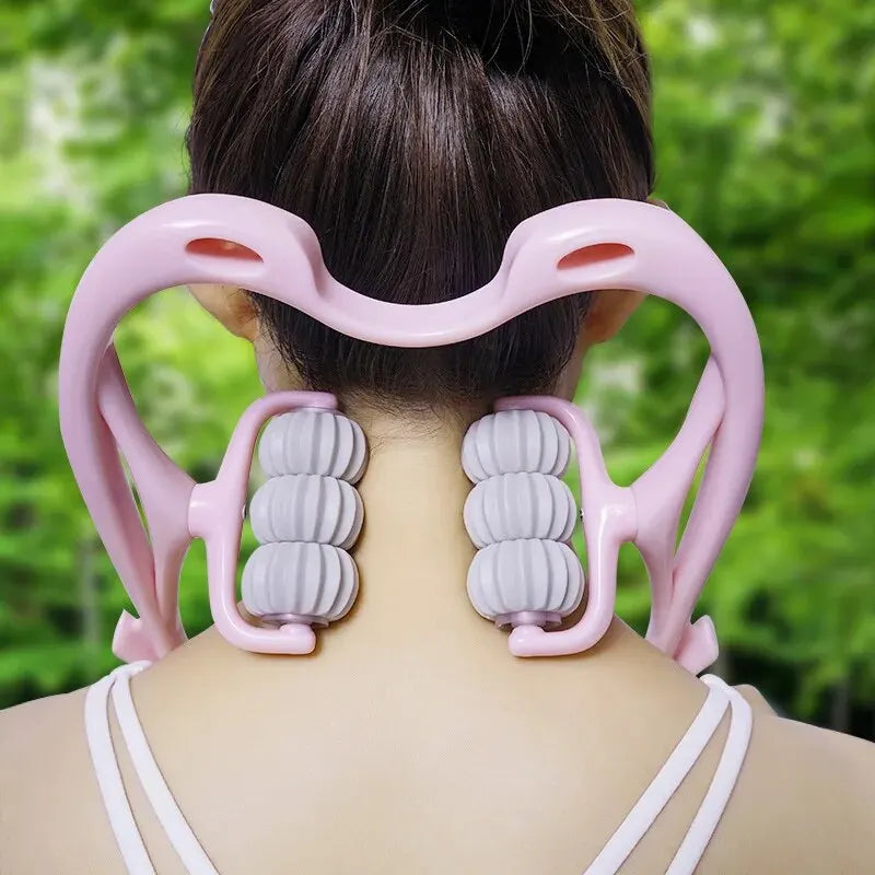 SHOWLU Six Wheel Cervical Massager showing a manual neck and shoulder roller device for muscle relief and relaxation.