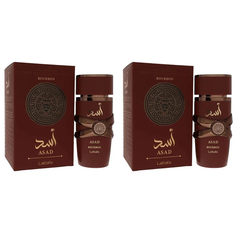Unisex Lattafa Asad Bourbon Eau De Parfum bottle with fruity fragrance notes, 3.4 oz, displayed in a sleek spray bottle.