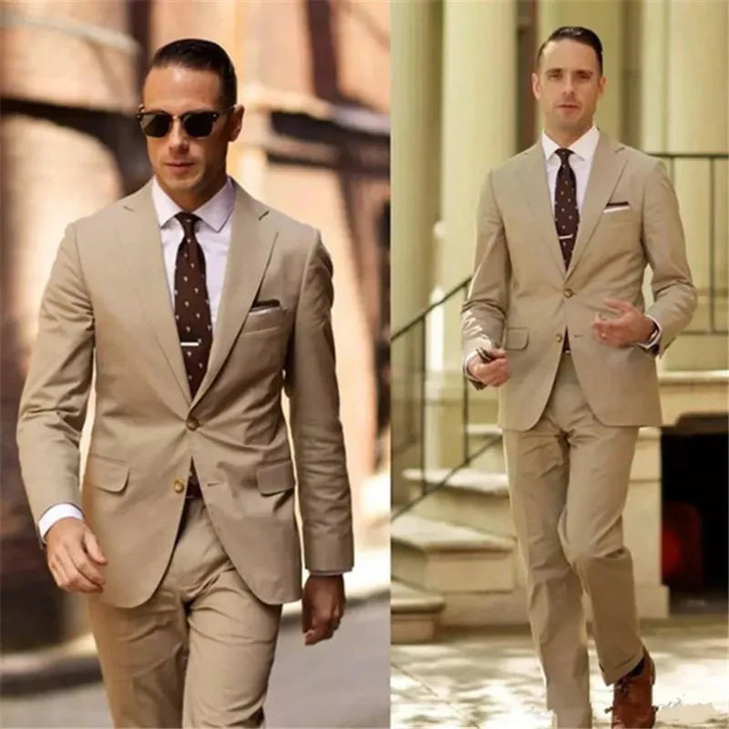 Beige Italian men's slim fit suit with matching tuxedo jacket and trousers, tailored for a sophisticated look.