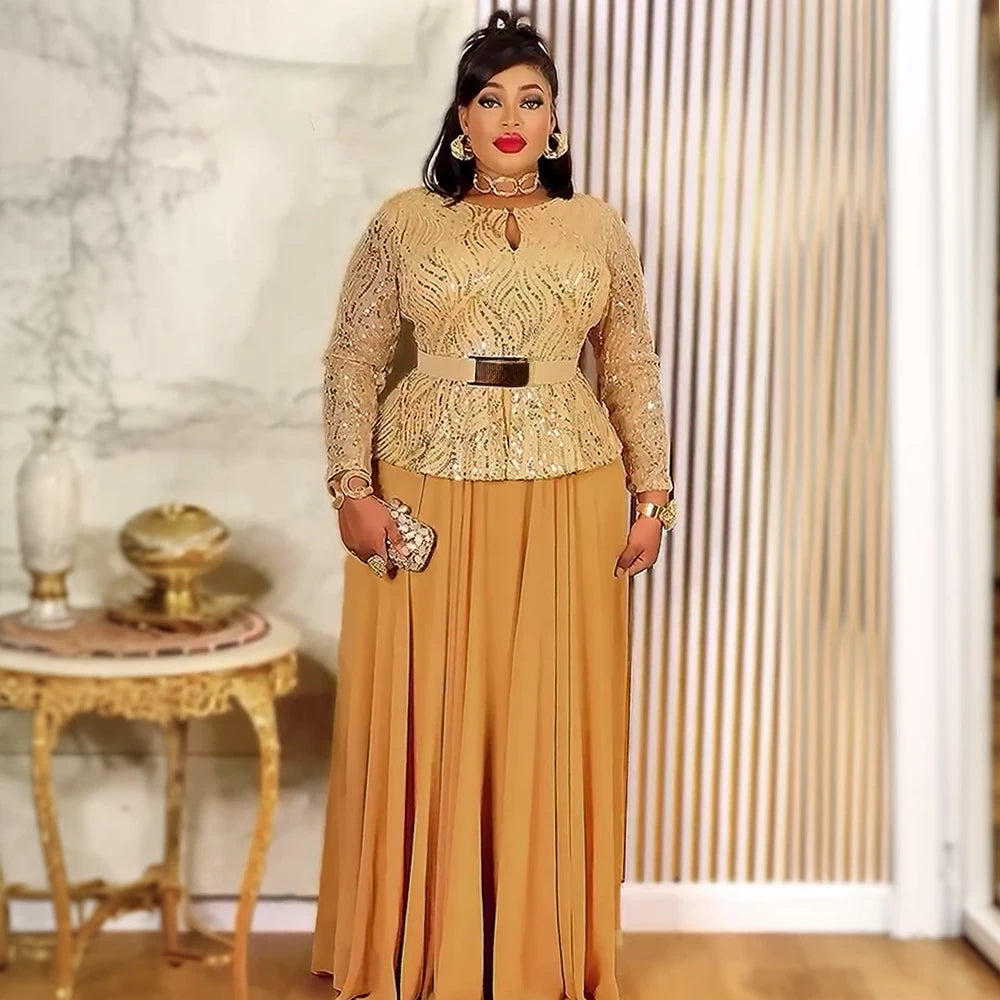 Elegant African women's long dress with Ankara and sequin details, perfect for weddings and parties, stylish plus size attire.