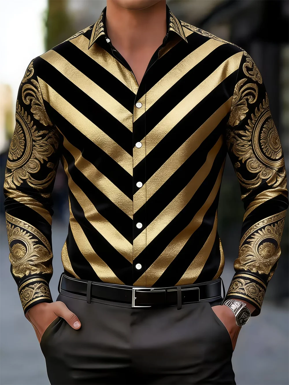 New men's 3D floral printed long sleeved shirt with high-quality patterns, casual long sleeved collar top