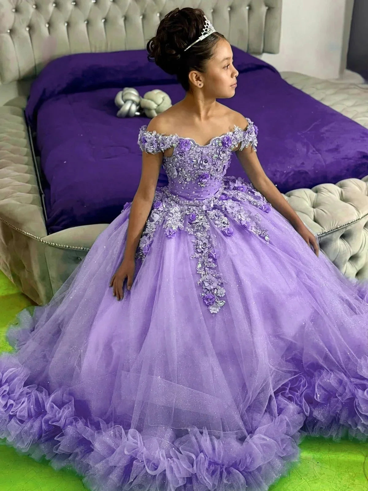 Customized Off Shoulder Flower Girl Dress for Wedding with Bow Appliqué Tulle Long Kids Birthday Party First Communion Gown