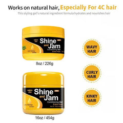Two yellow jars of Shine and Jam conditioning gel in 8oz and 16oz sizes with hair type labels.