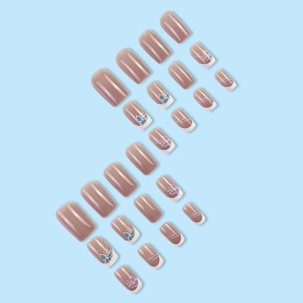 Set of 24 short square artificial fake nails with French white and pink designs, butterfly accents, reusable acrylic false nails.