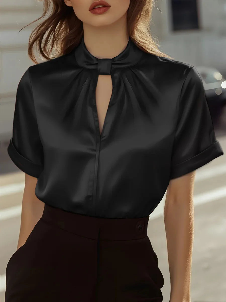 Owner Girl Women's satin boho blouse in khaki with short sleeves and stand collar, stylish and comfortable for casual wear.