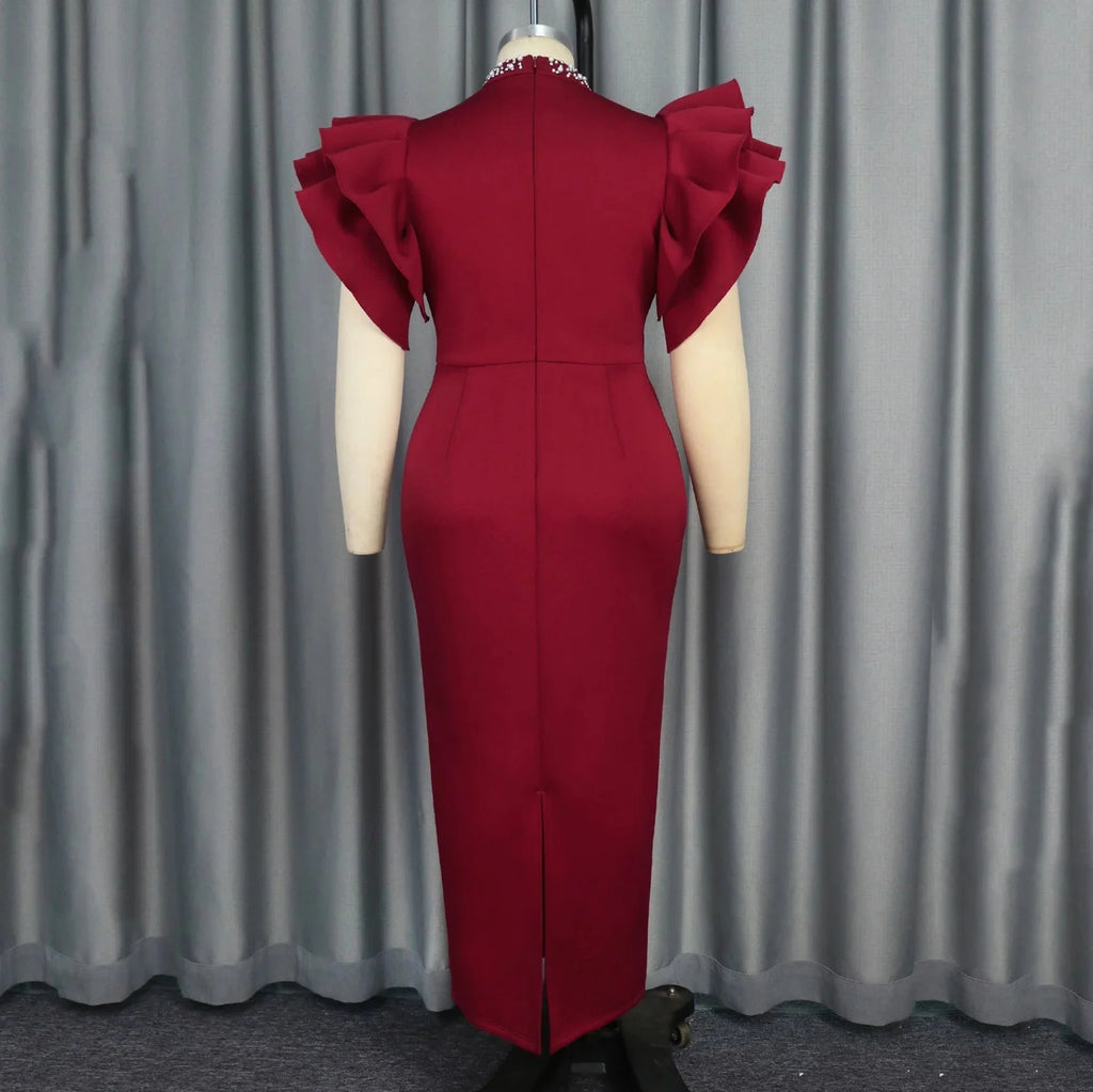 SHOWLU FASHION women's beaded sheath party dress with ruffle sleeves and ankle-length design, elegant evening wear.