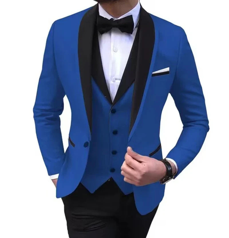 Showlu men's 3-piece slim fit wedding suit with wool blend fabric, featuring a shawl lapel tuxedo and tailored fit for formal occasions.