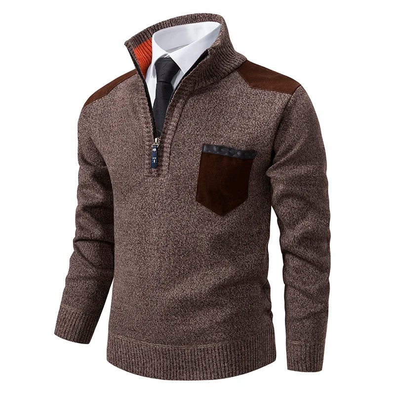Men's cashmere pullover sweater with stand collar, half zipper, thick winter polo shirt, in autumn outerwear style.