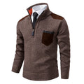 Men's cashmere pullover sweater with stand collar, half zipper, thick winter polo shirt, in autumn outerwear style.