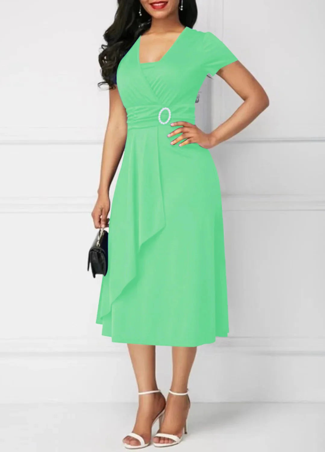 Women's V-neck chiffon midi dress in solid color, A-line style perfect for parties, by SHOWLU FASHION STORE.