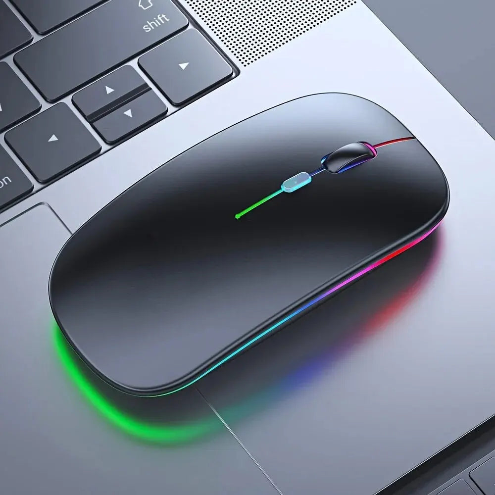 Wireless gaming mouse with RGB backlight, ergonomic design, USB rechargeable, silent operation, compatible with laptops and PCs.