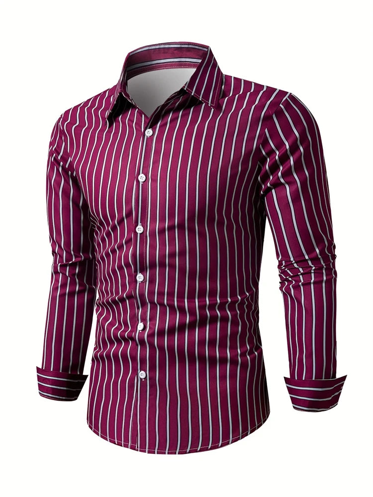 Mens long sleeve shirt with square stripe 3D print, casual animal pattern, button-down design, autumn fashion from Showlu Fashion.
