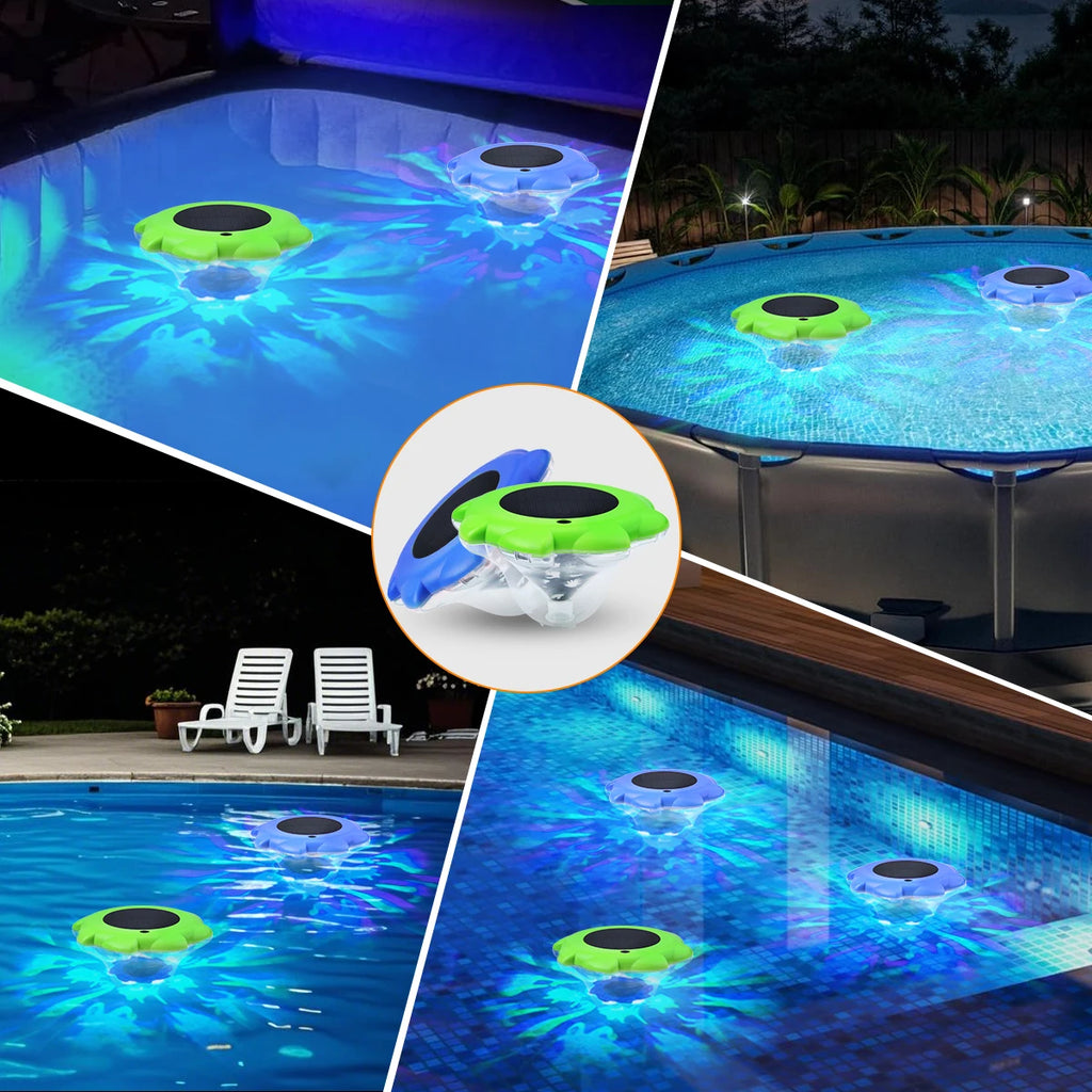 Showlu Smart RGB waterproof solar floating pool light with LED garden lamp floating on water, illuminating with colorful light.