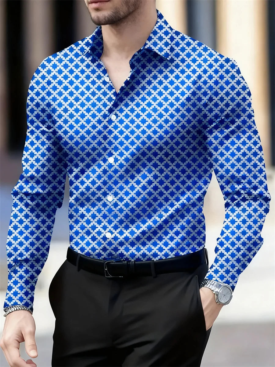 Men's long sleeve plaid shirt by Showlu Fashion with 14 color options, breathable fabric, geometric pattern, casual and business style.