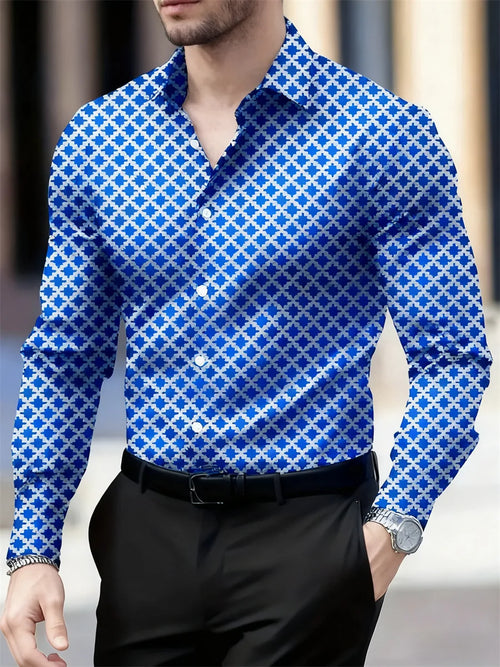 Men's long sleeve plaid shirt by Showlu Fashion with 14 color options, breathable fabric, geometric pattern, casual and business style.