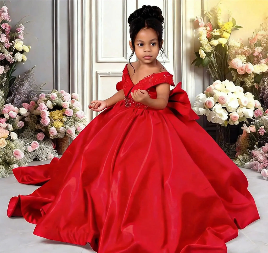 Red satin communion ball gown with a bow, featuring elegant design and classic style from 1170uf-he.