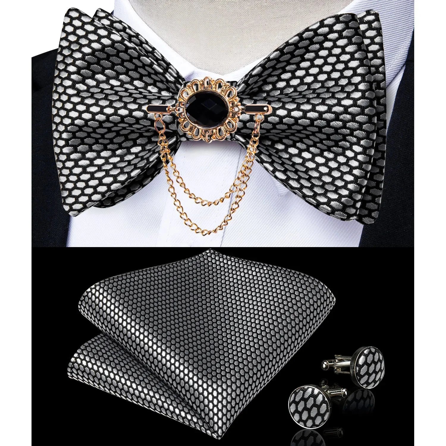 Pink plaid silk self-tie bow tie set with brooch and matching handkerchief, stylish accessories by SHOWLU FASHION STORE