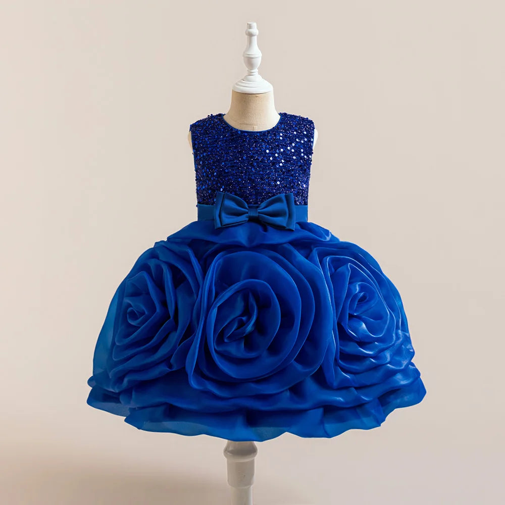 Elegant 3D flower girl dress by Showlu Fashion featuring sequin tulle, bow detail, suitable for birthdays, weddings, and special occasions.