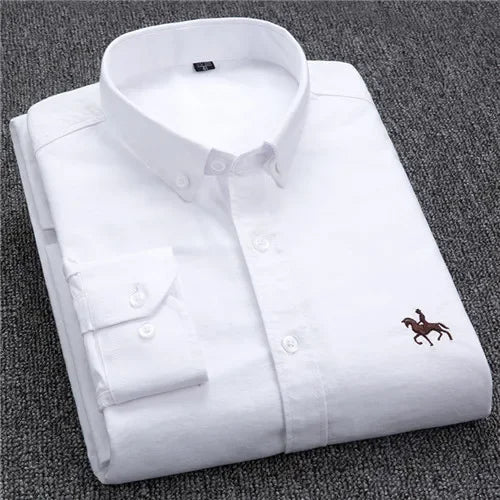 White men's casual cotton Oxford shirt with long sleeves and embroidered horse design, regular fit, button-up dress shirt by Showlu Fashion
