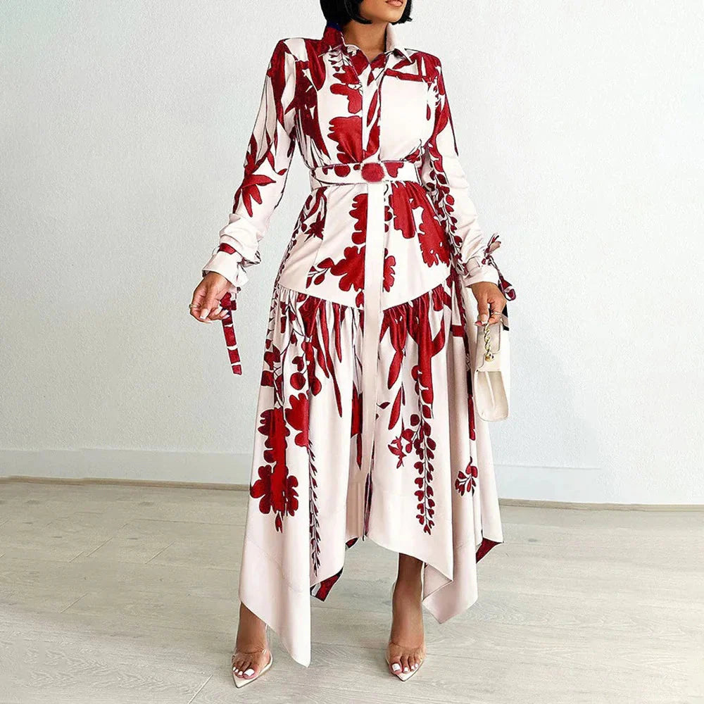 SHOWLU Women's printed asymmetric maxi dress with long sleeves, stylish shirt dress design, perfect for casual and summer wear