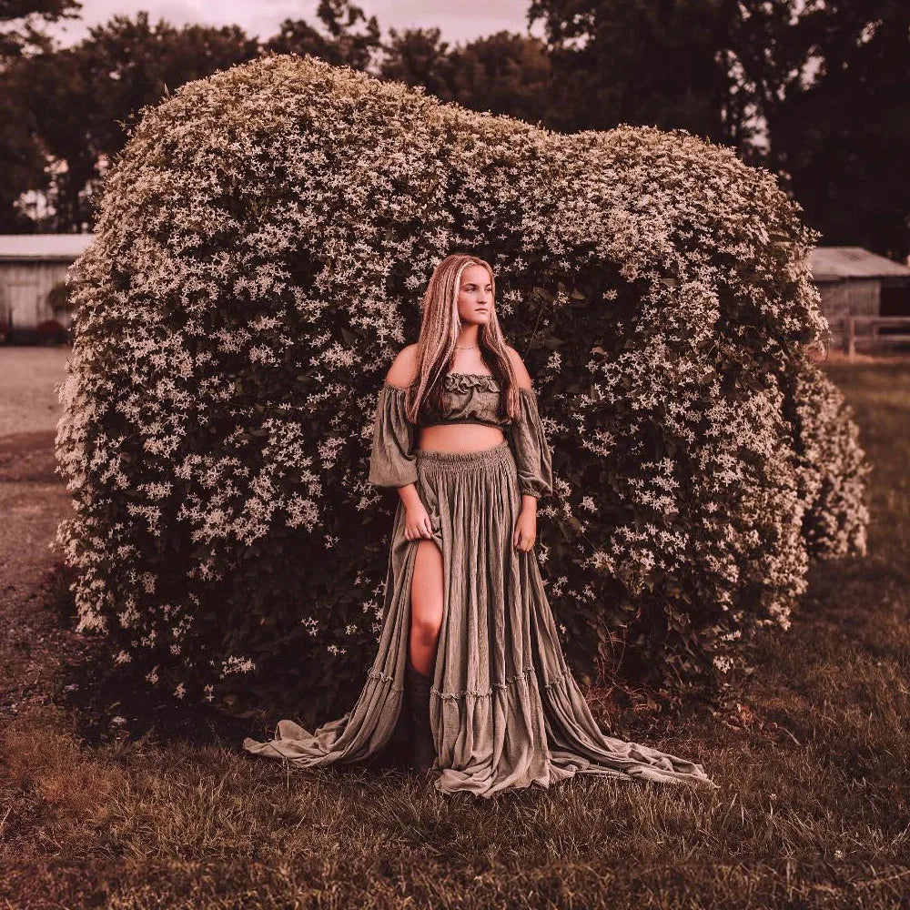 Showlu Bohemian 2-piece maternity photography gown set with linen and cotton, featuring flowing fabric and boho style for maternity photos.