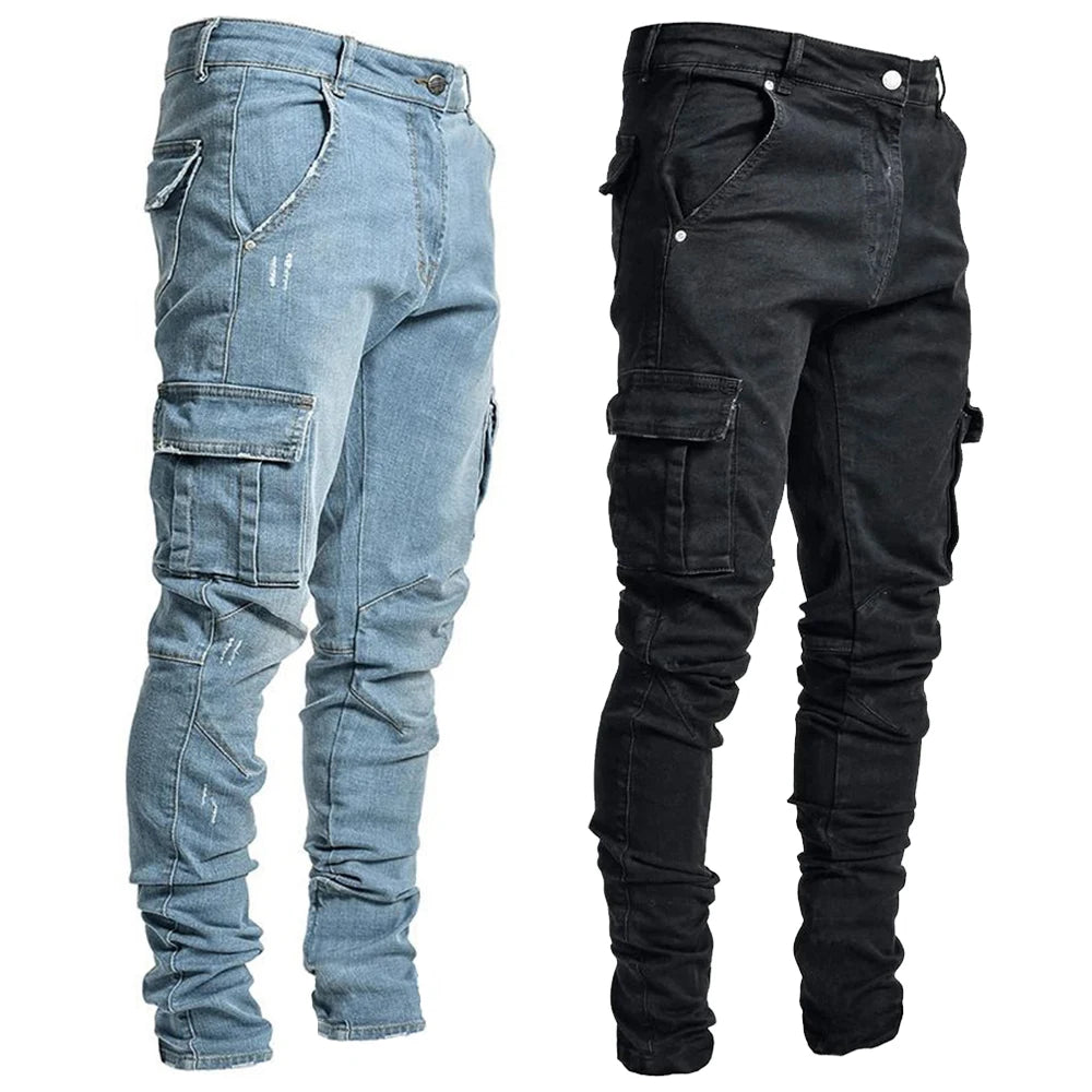 Men's denim cargo jeans by Showlu Fashion with elastic waist, multiple pockets, slim fit, mid-rise, casual jogger style.