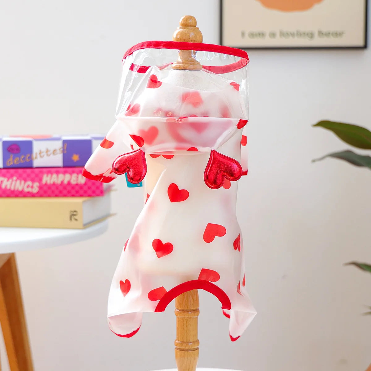 Red Showlu Love Dog Raincoat, waterproof puppy hoodie pet jumpsuit with hood and adjustable fit, designed for small dogs.