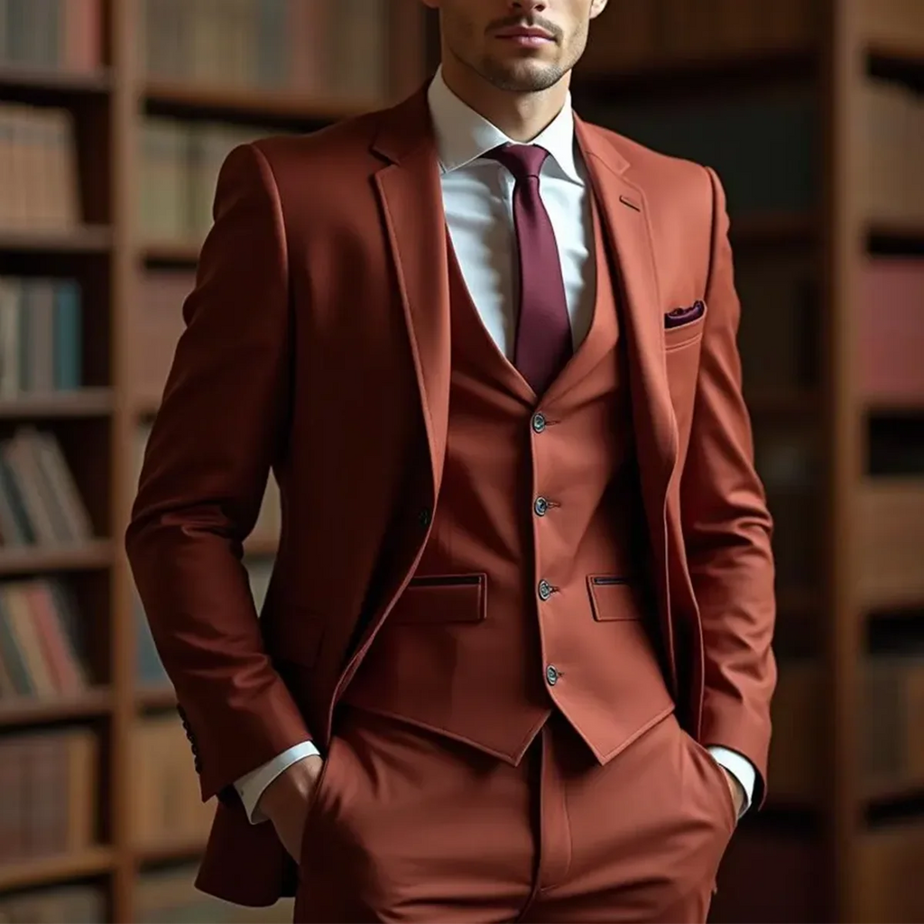 Men's rust-colored 3-piece suit by SOLOVEDRESS, slim fit wool blend wedding tuxedo with jacket, vest, and trousers.