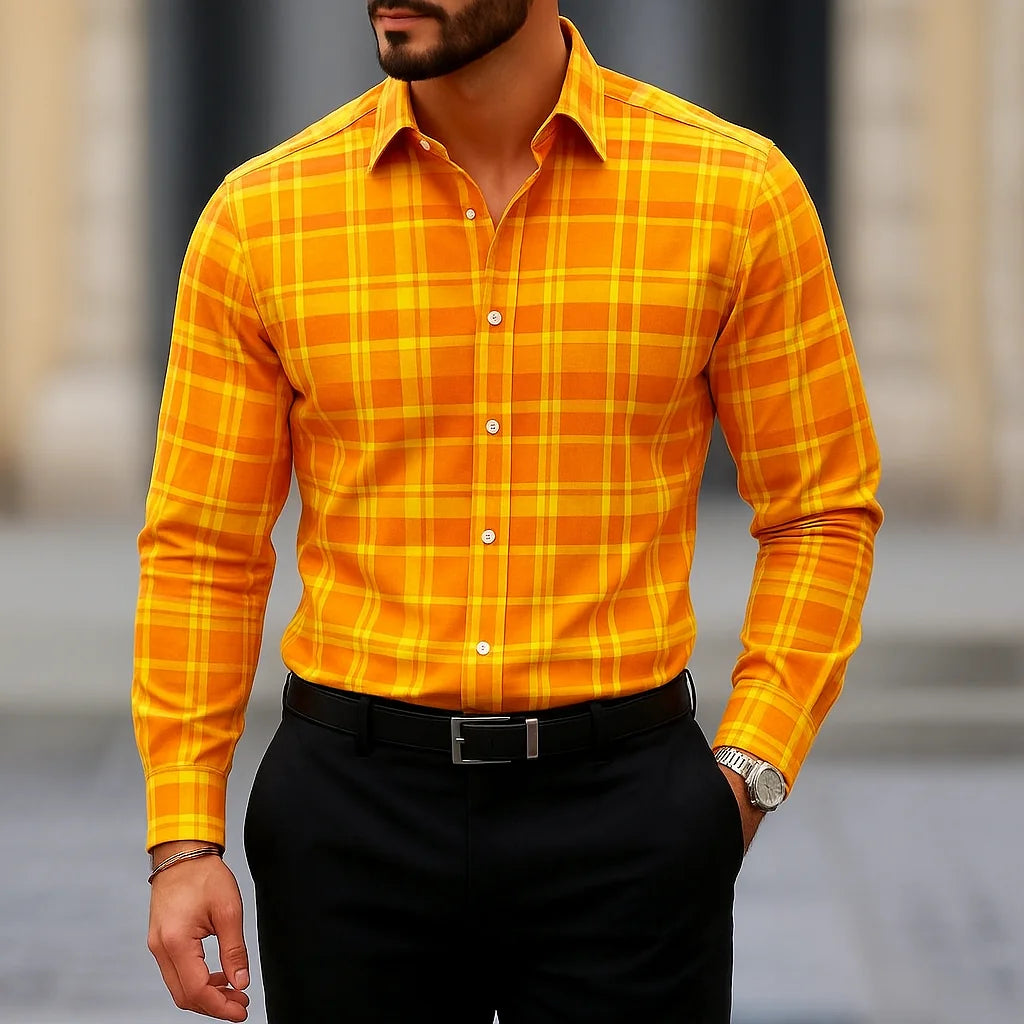 Bright yellow men's long sleeve casual shirt with slim fit and striped pattern, featuring button-down front and stylish collar.