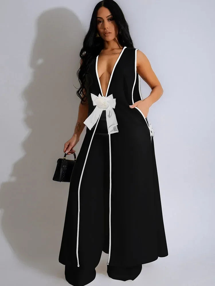 Bow Tie Appliques V-neck Sleeveless Long Top and Wide Leg Pants Matching Sets Women Two Piece Set Elegant Vintage Club Outfits