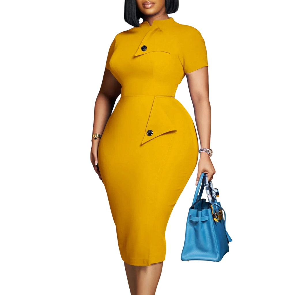 Yihddy women's bodycon midi dress with a half high collar, vintage party sheath style, fitted silhouette, black fabric.
