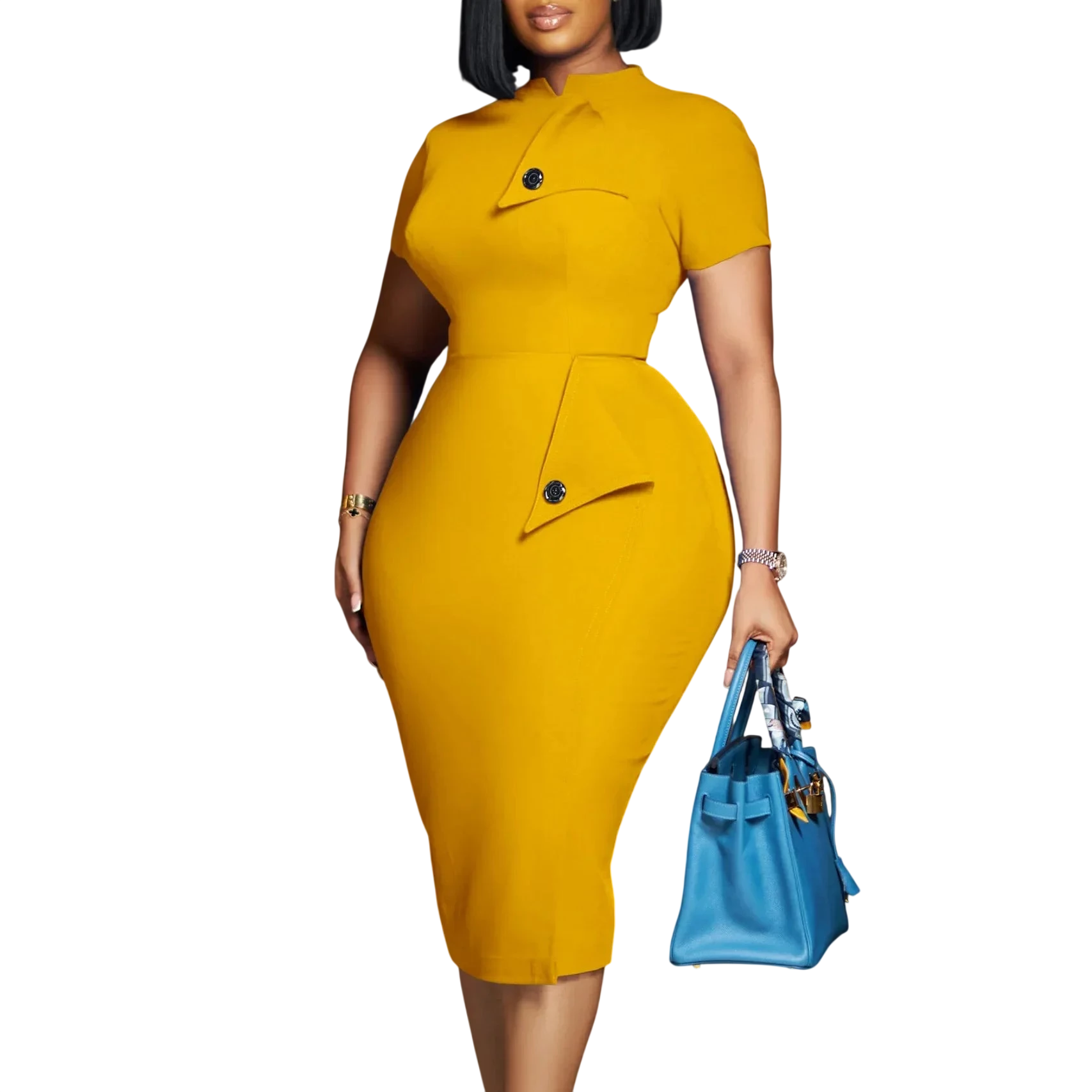 Yihddy women's bodycon midi dress with a half high collar, vintage party sheath style, fitted silhouette, black fabric.
