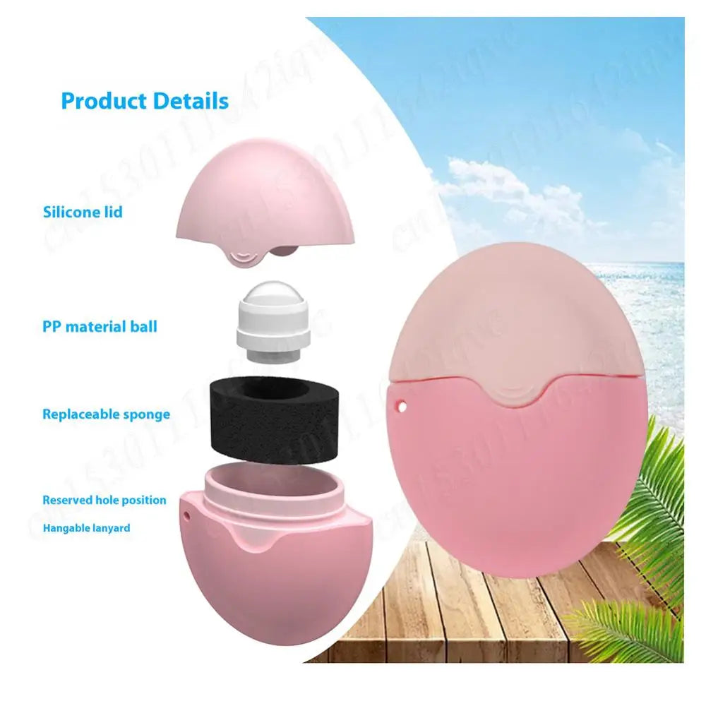 Portable 55ml sunscreen applicator with refillable silicone roll-on sponge, ideal for family travel and sun protection.