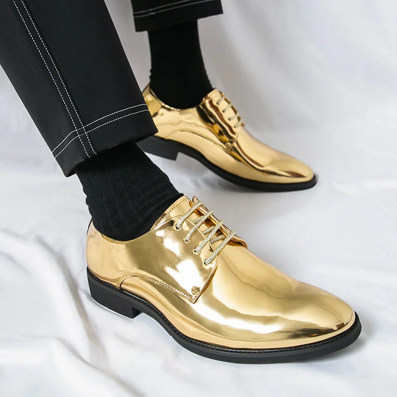 Shiny gold leather men's party shoes with pointed toe and formal dress style, designed by Showlu Fashion Store.